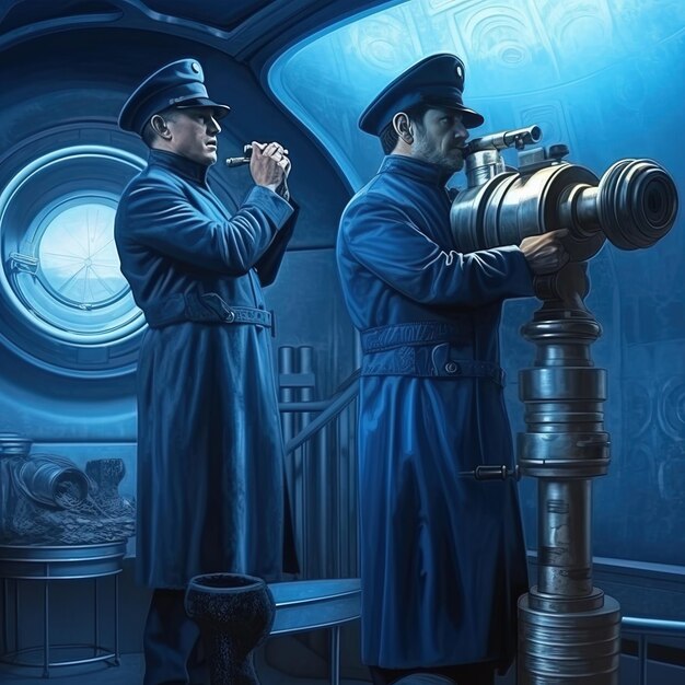 Photo two men looking through a telescope with a telescope in the middle