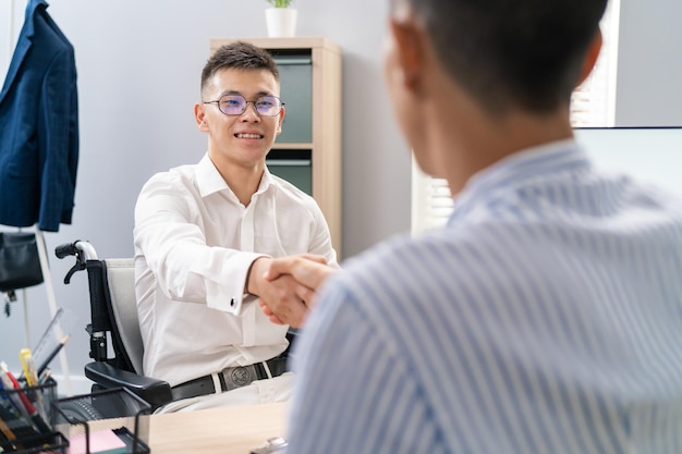 Two men meet in company office morning for interview