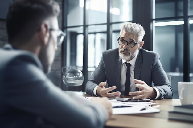 Two men in a meeting, one of them is speaking with a man in a suit.