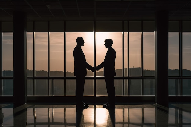 Two men in a meeting with the sun behind them