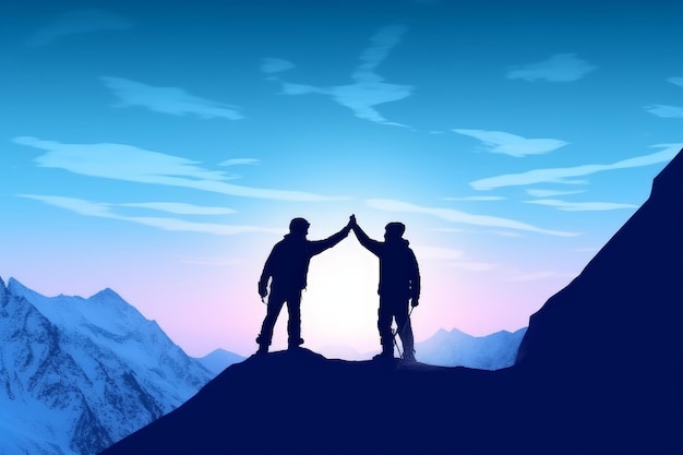 Two men on a mountain top with the sky in the background