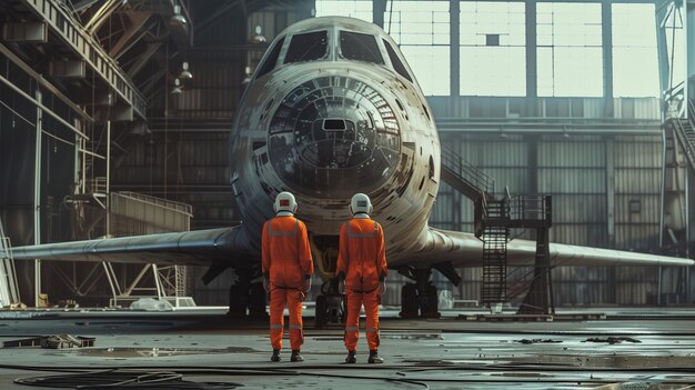 Foto due uomini in abiti arancione in piedi davanti a un aereo generativo ai