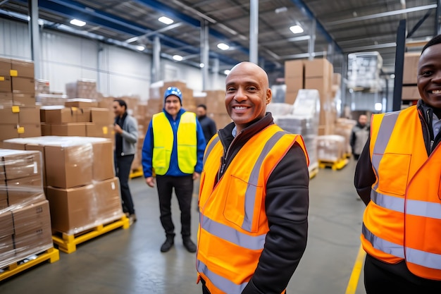 Two Men in Orange Vests Standing in a Warehouse Easily Accessible Stock Image Generated by AI