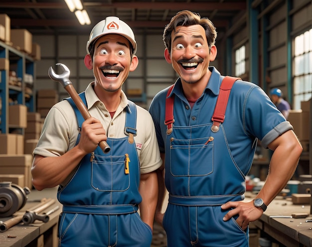 two men in overalls and overalls stand in a workshop