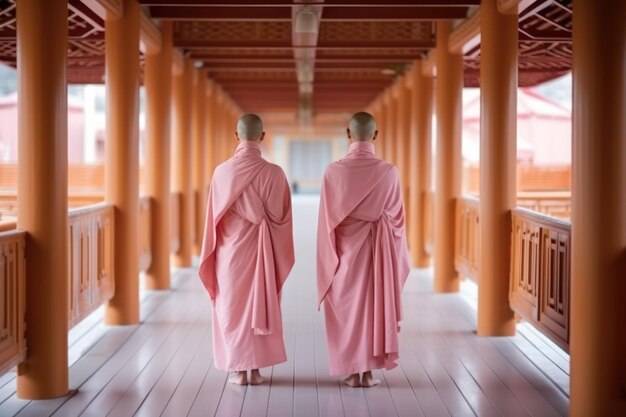 분홍색 옷을 입은 두 남자가 주황색 기둥이 있는 복도를 걷고 있습니다.