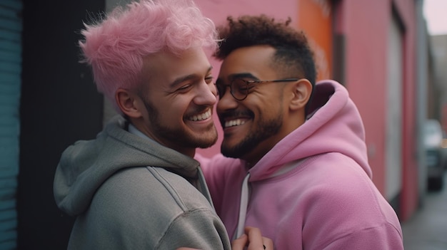 Двое мужчин в розовом с розовыми волосами обнимают друг друга