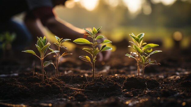 2人の男性が木を植える 世界環境デーのコンセプト 森林を植える 自然を植える 人工知能を生み出す