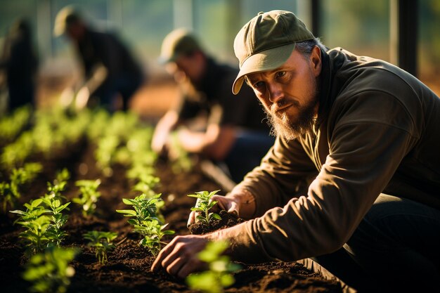 Photo two men planting tree in the forest