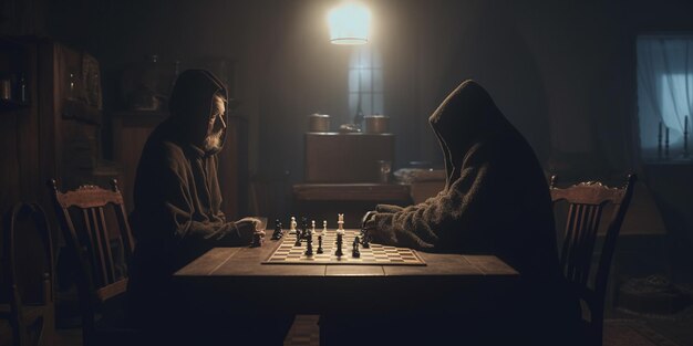 Two men playing chess in a dark room with a light on generative ai