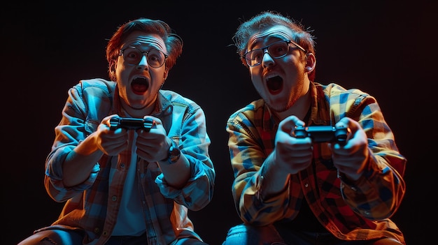 Photo two men playing a video game with one wearing glasses and one has a blue light on his face