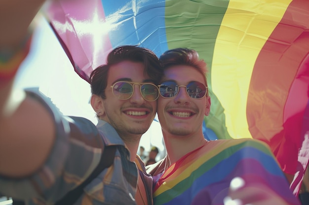 Photo two men in rainbow shirts are smiling and one has a rainbow colored shirt on