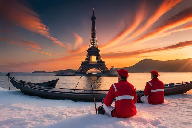 赤いサンタ服を着た二人の男性が、エッフェル塔の前の雪に覆われた氷の上に座っている。