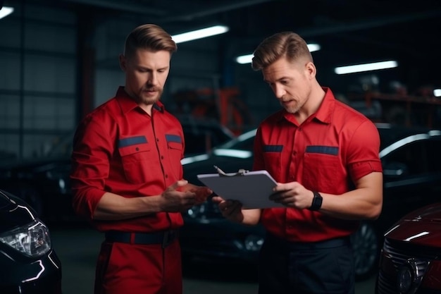 Photo two men in red shirts are standing in a garage and one of them is holding a clipboard