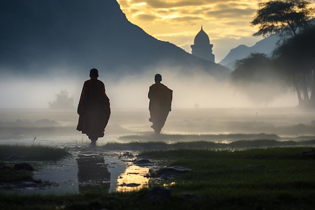 two men ride a horse in the fog.