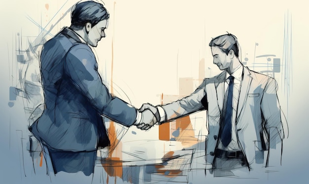 two men shaking hands in front of a cityscape