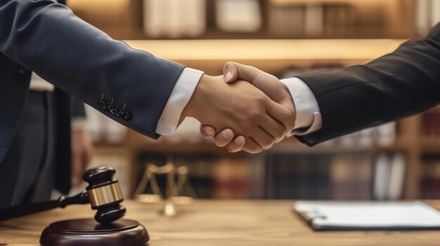 Photo two men shaking hands in front of a judges gavel