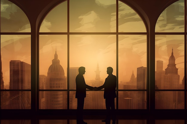 Two men shaking hands in front of a window with a cityscape in the background.