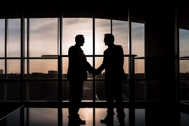 Two men shaking hands in front of a window with the sun setting behind them.