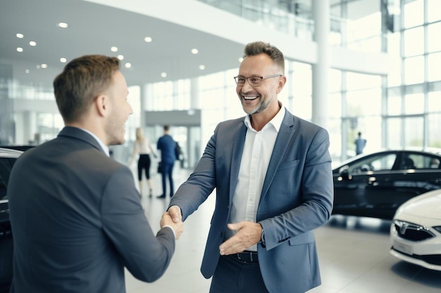 写真 2人の男性が車の前で握手し1人の男性が握手しています