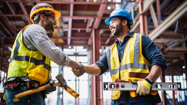 two men shaking hands one of them wearing a yellow vest