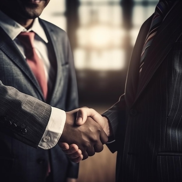 Two men shaking hands, one of which is wearing a red tie.