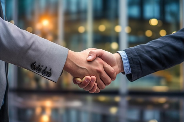 Two men shaking hands with a building in the background