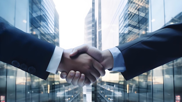 Two men shaking hands with a city in the background