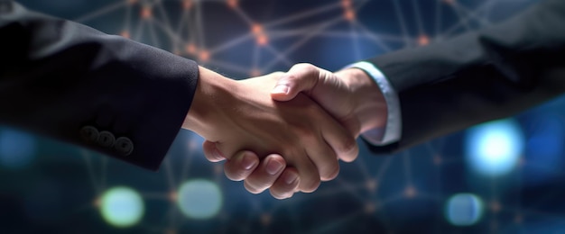 Two men shaking hands with a network background