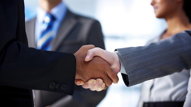 Two men shaking hands with one wearing a blue shirt and the other wearing a white shirt