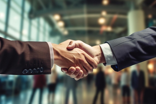 Two men shaking hands with one wearing a brown suit and the other wearing a brown jacket.