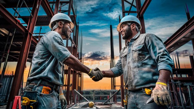 two men shaking hands with one wearing a helmet and the other wearing a blue helmet