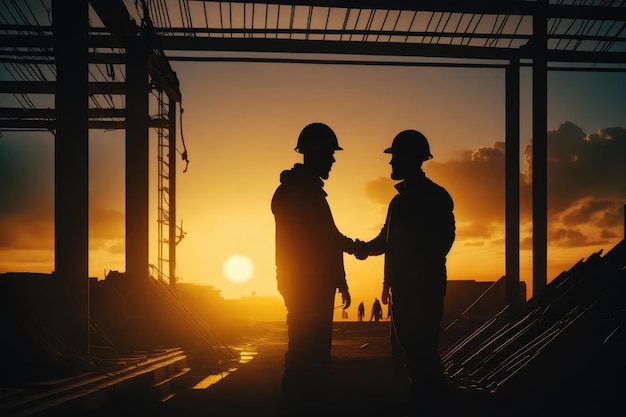 Two men shaking hands with the sun setting behind them