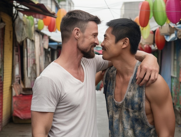 Photo two men share a kiss in front of a storefront.