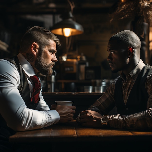 Two men sit at a bar, one of which has a beard.