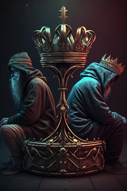 Photo two men sit on a chair one of which has a crown on his head