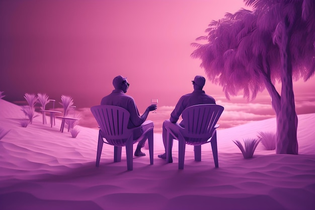 Two men sit on chairs in front of a palm tree and the sky is pink.
