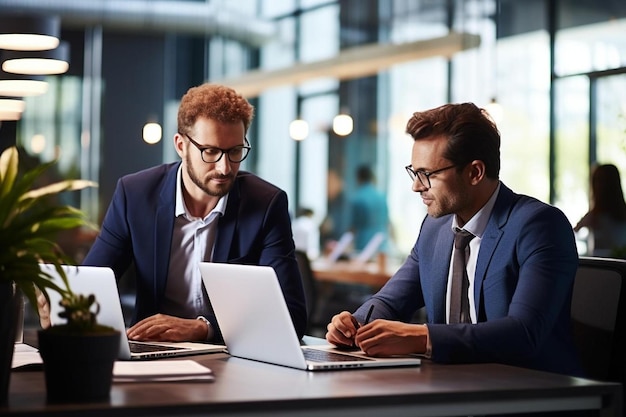 Photo two men sit at a desk with laptops and one of them has a laptop on it