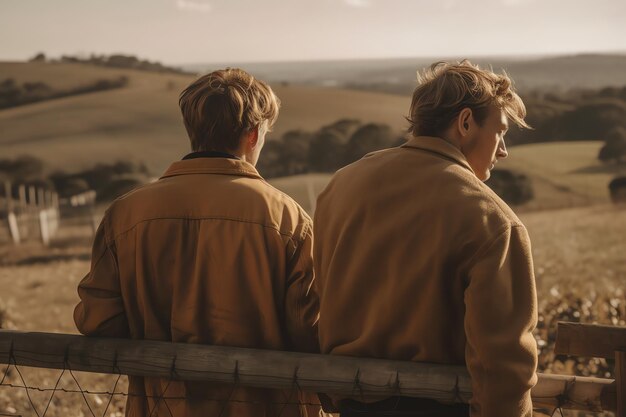 Two men sit on a fence looking out over a field