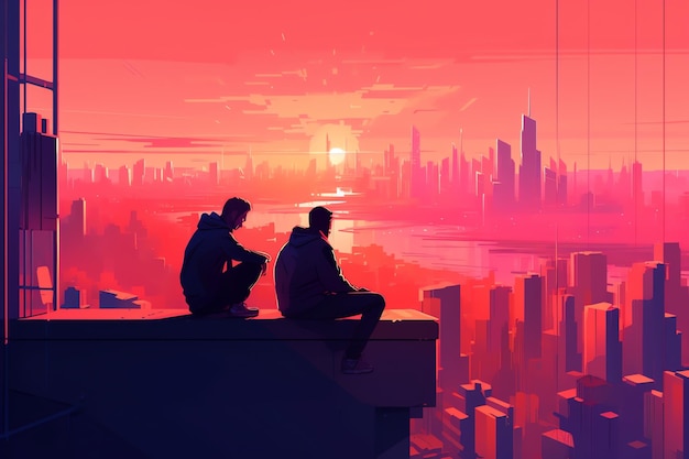 Two men sit on a ledge and look at the city skyline.