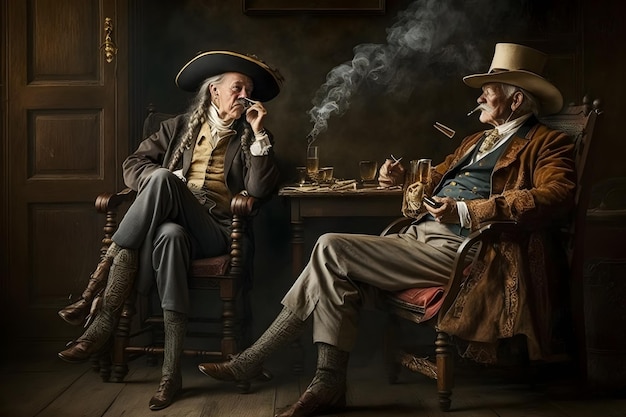 2人の男性が部屋に座って男性が煙草を吸い煙草を煙草に吸っています
