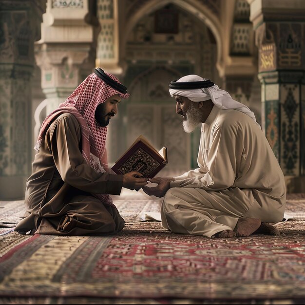 two men sit on a rug and read a book