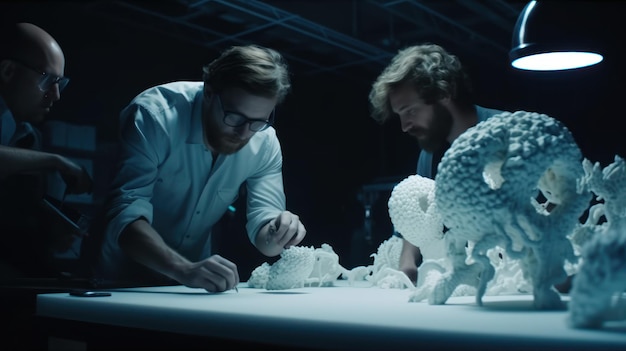 Two men sit at a table in a dark room, one of which is a sculpture of a human head.