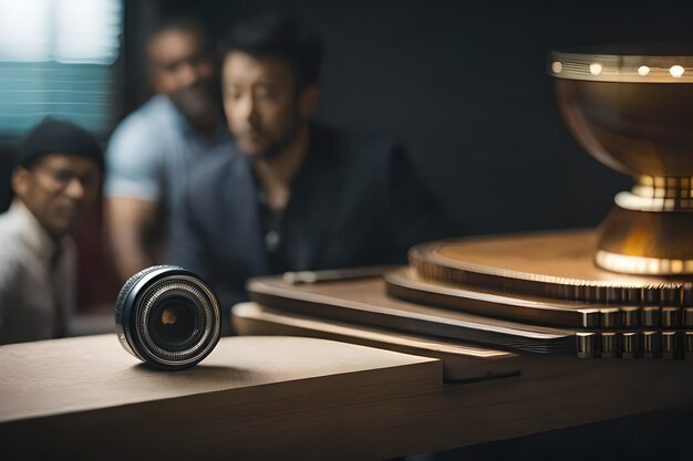 two men sit at a table with a cup and a cup of beer.