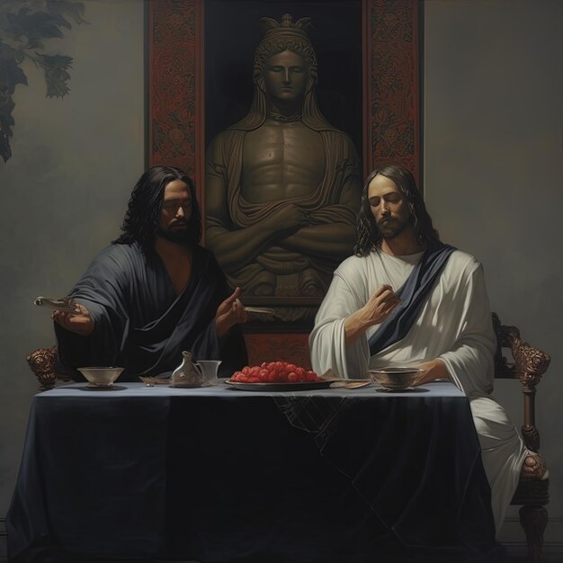 two men sit at a table with a tablecloth and a painting of jesus