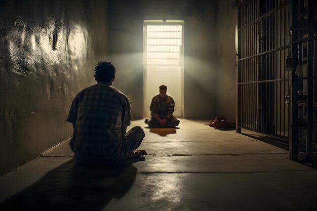 Photo two men sitting on the floor in a jail cell generative ai