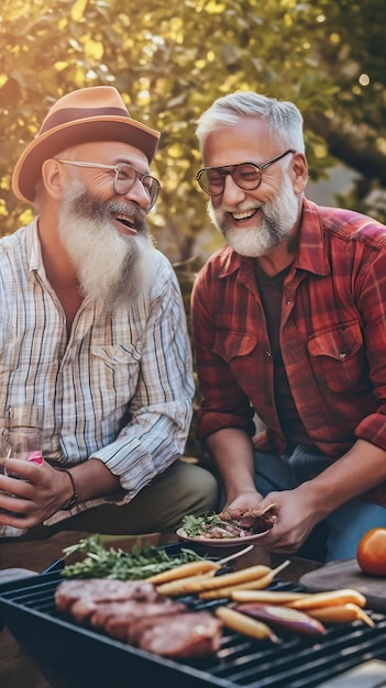 Two men sitting in a garden one of them has a beard and the other has a smile on his face