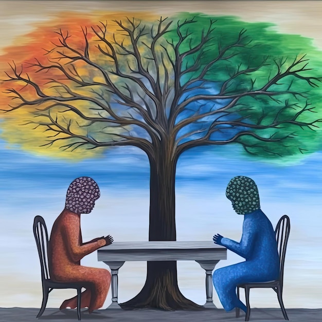 Two men sitting at the table under a colorful tree