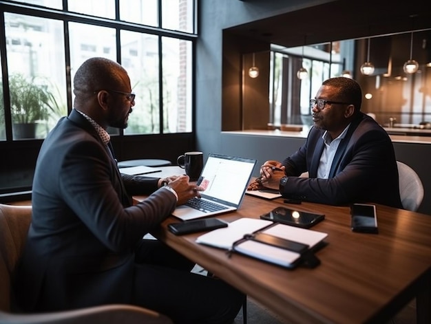 Two men sitting at a table in a meeting room, one of them is holding a laptop and the other is looking at the screen.