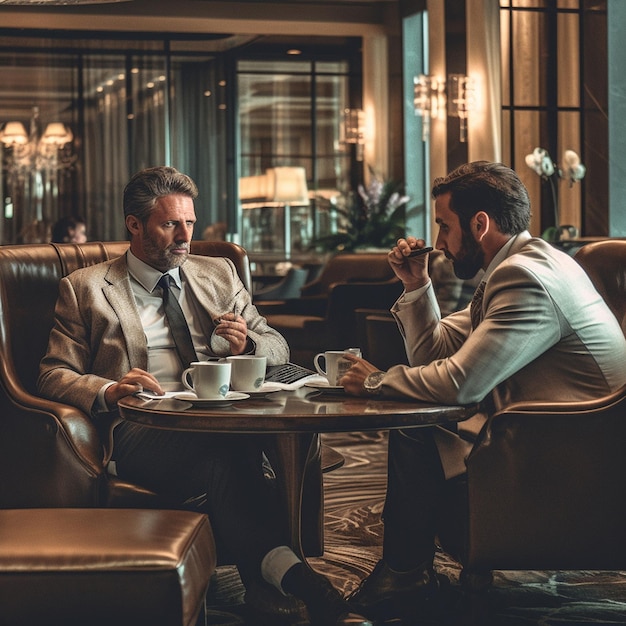 두 남자가 테이블에 앉아 있고 한 남자는 손에 음료수를 들고 있습니다.