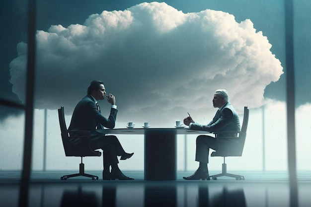 Two men sitting at a table with a cloud behind them